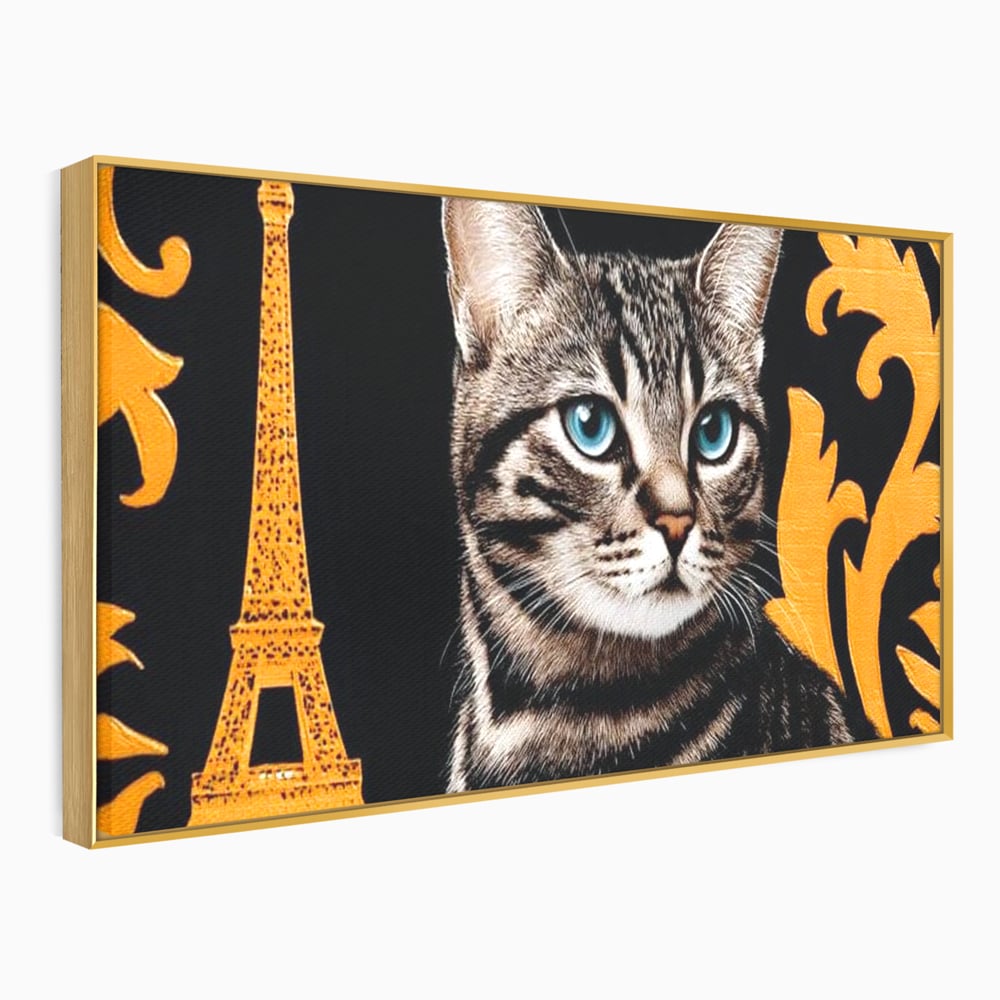 Tablou canvas cu tablou canvas cu pisica si turnul eiffel, in rama de aluminiu auriu